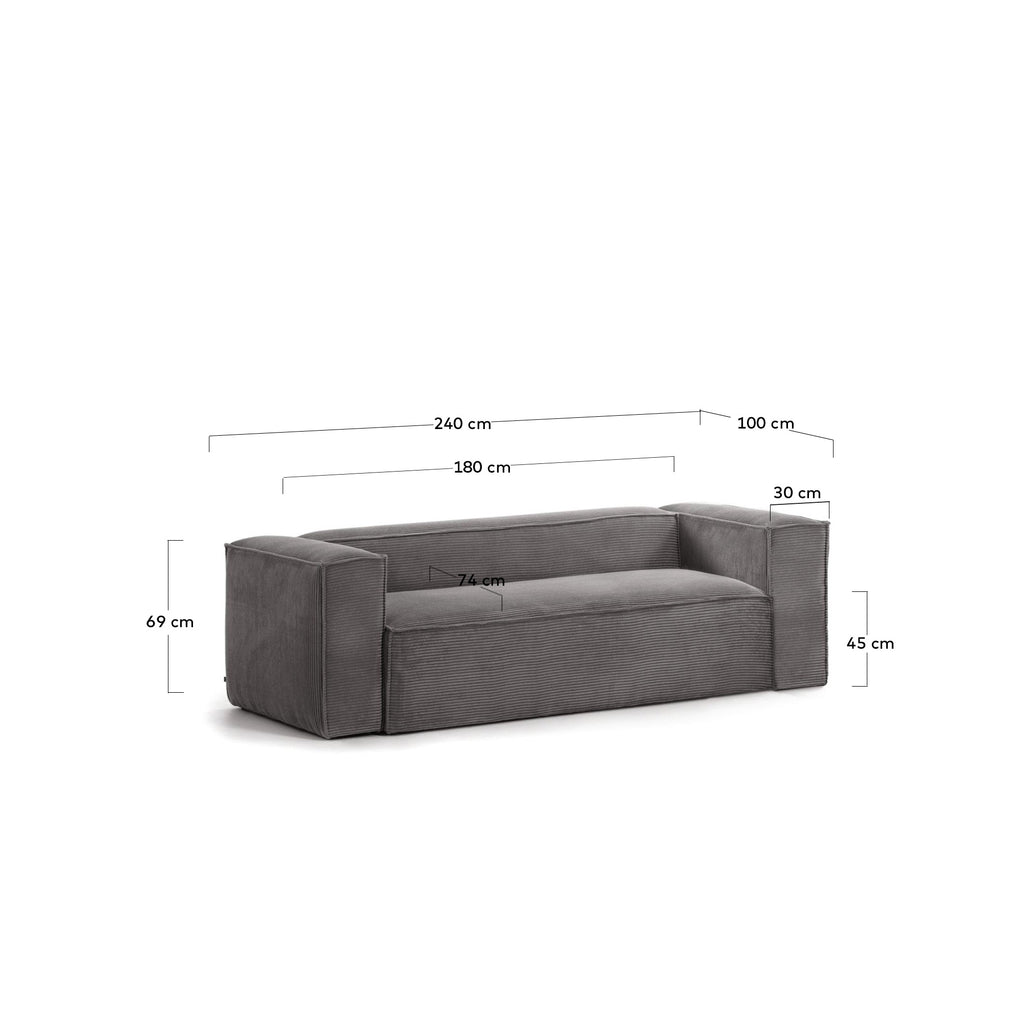 Blok trosedna sofa u široko šivenoj sivoj korduroj, 240 cm