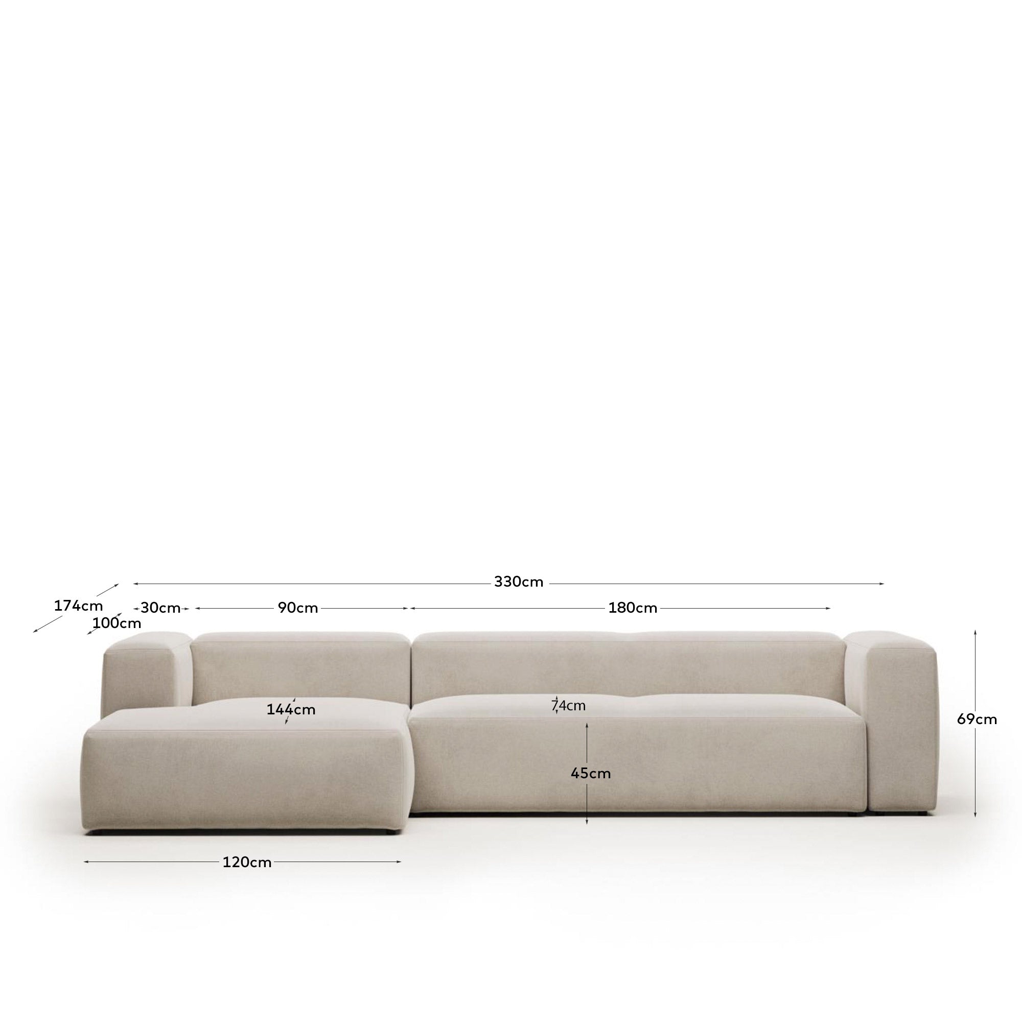 Blok 4-seater beige chenille left chaise longue sofa 330cm FSC Mix Credit