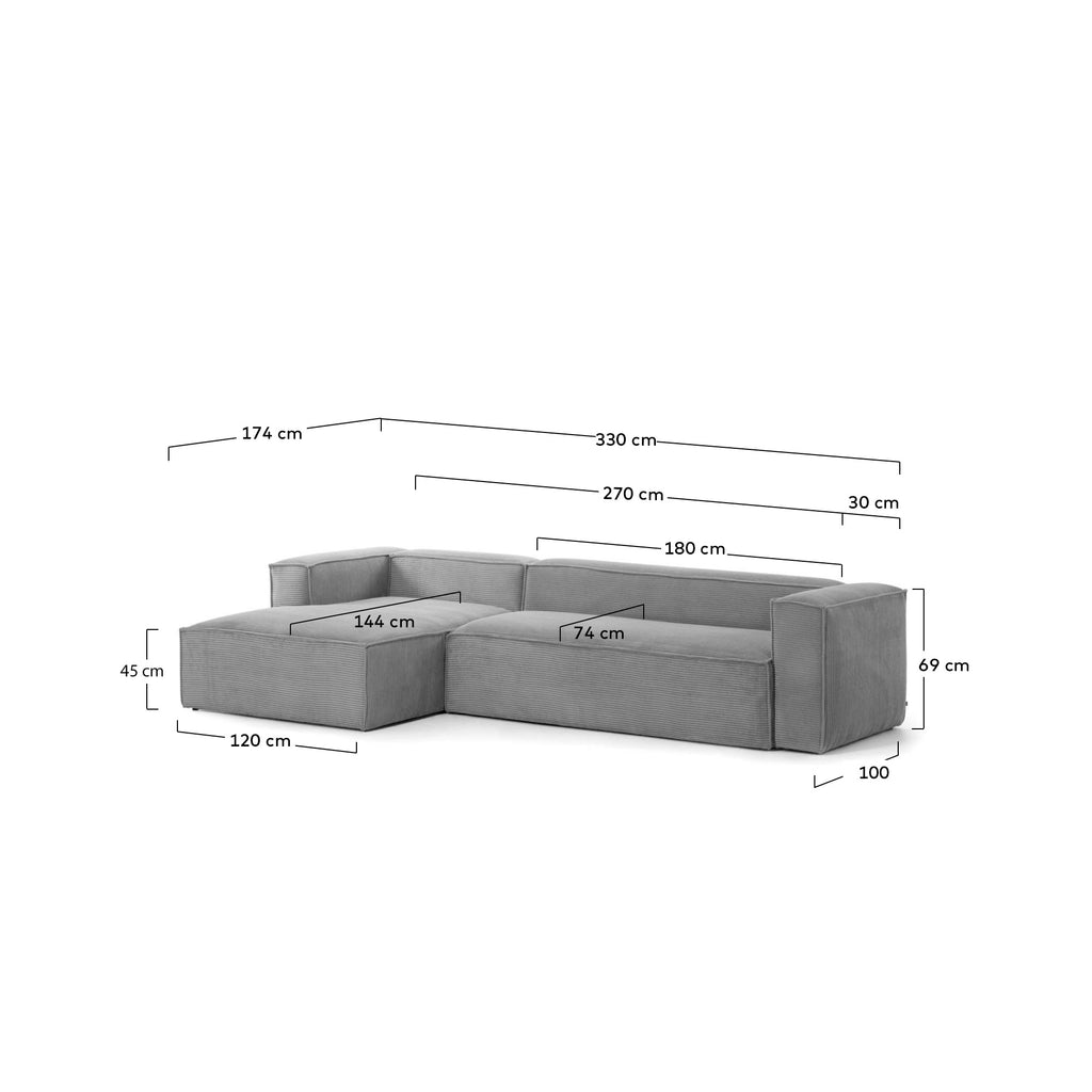 Block sofa with 4 seats with left side chaise longue in gray wide corduroy, 330 cm