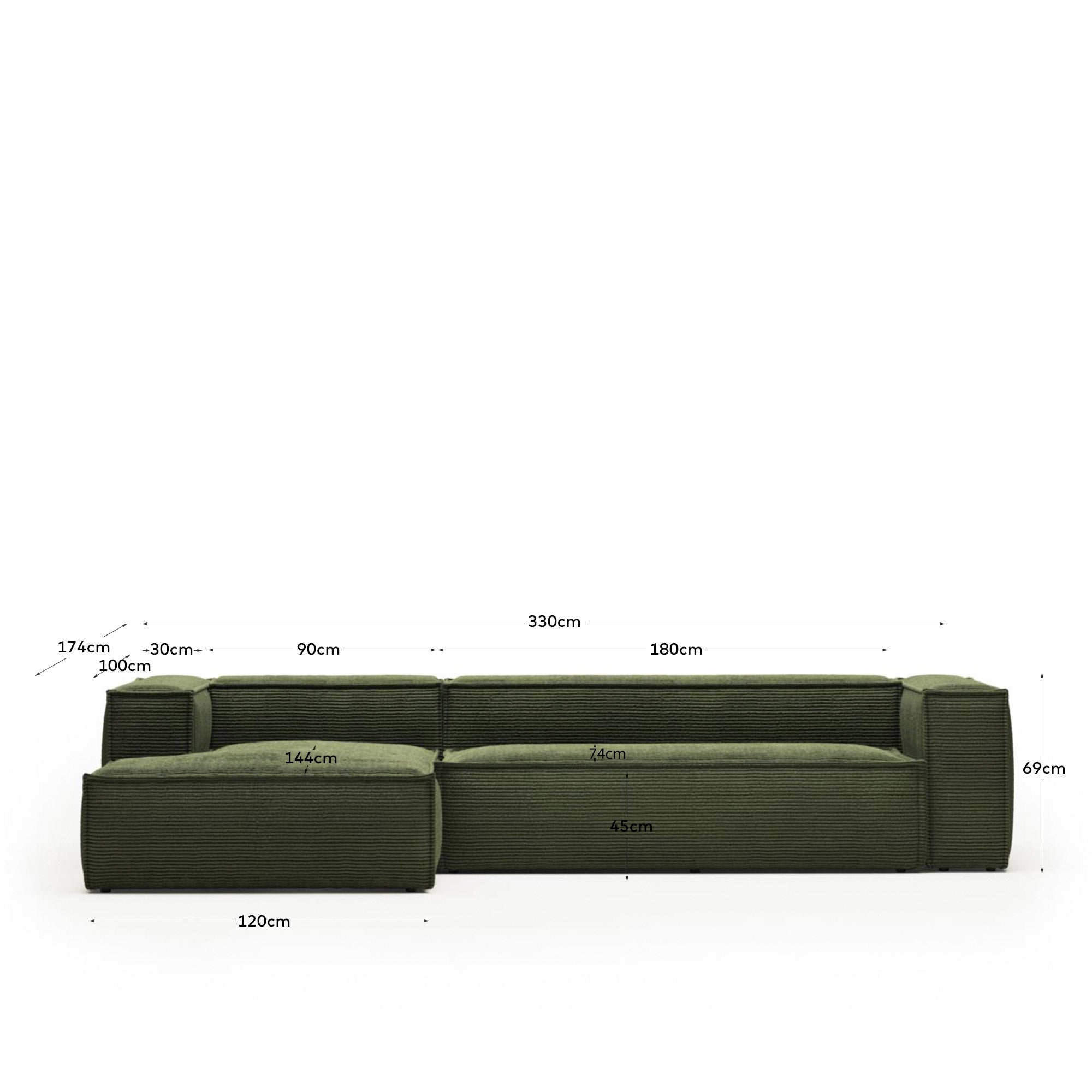 Blok 4-seater left chaise longue sofa in green thick corduroy 330cm FSC Mix Credit