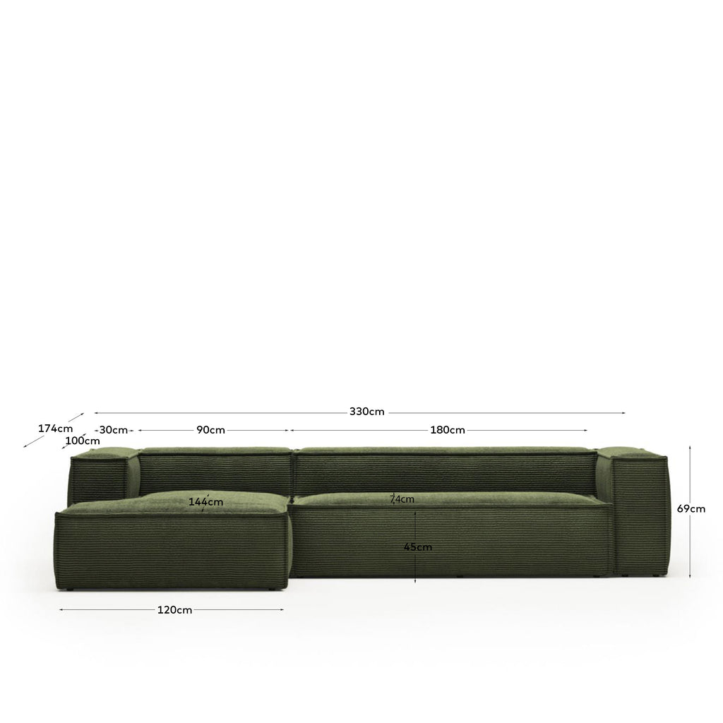 Blok sofa sa 4 sedišta sa ležaljkom sa leve strane od zelenog širokog sumota, 330 cm FSC Mik Credit