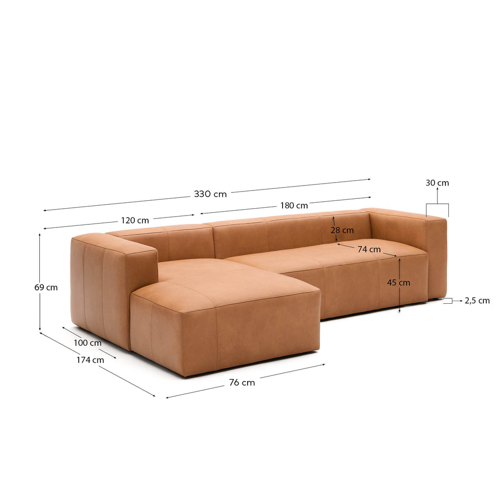 Blok braon kožna sofa za 4 sedišta, leva ležaljka 330 cm