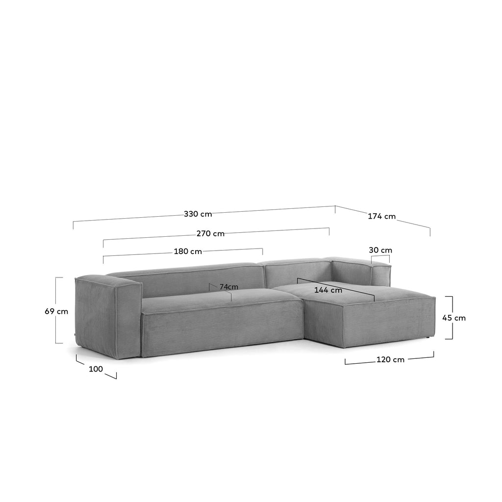 4 Seater Block Sofa with Right Side Chaise Lounge in Gray Wide Corduroy, 330cm FSC Mix Credit