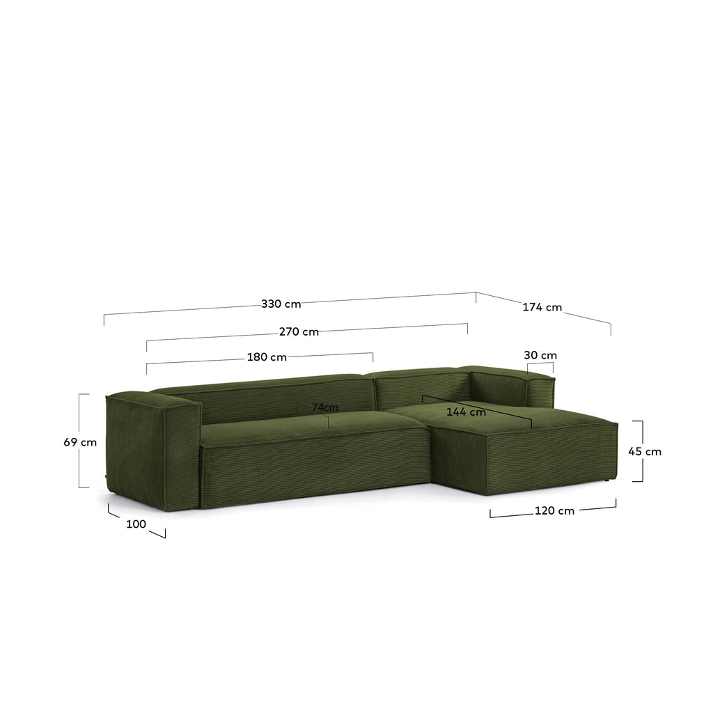 Blok sofa sa 4 sedišta sa desnim bočnim ležaljkom od zelenog širokog sumota, 330 cm FSC Mik Credit