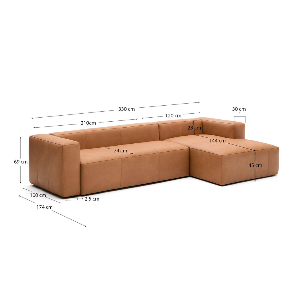 Blok braon kožna sofa za 4 sedišta, desni ležaljka 330 cm