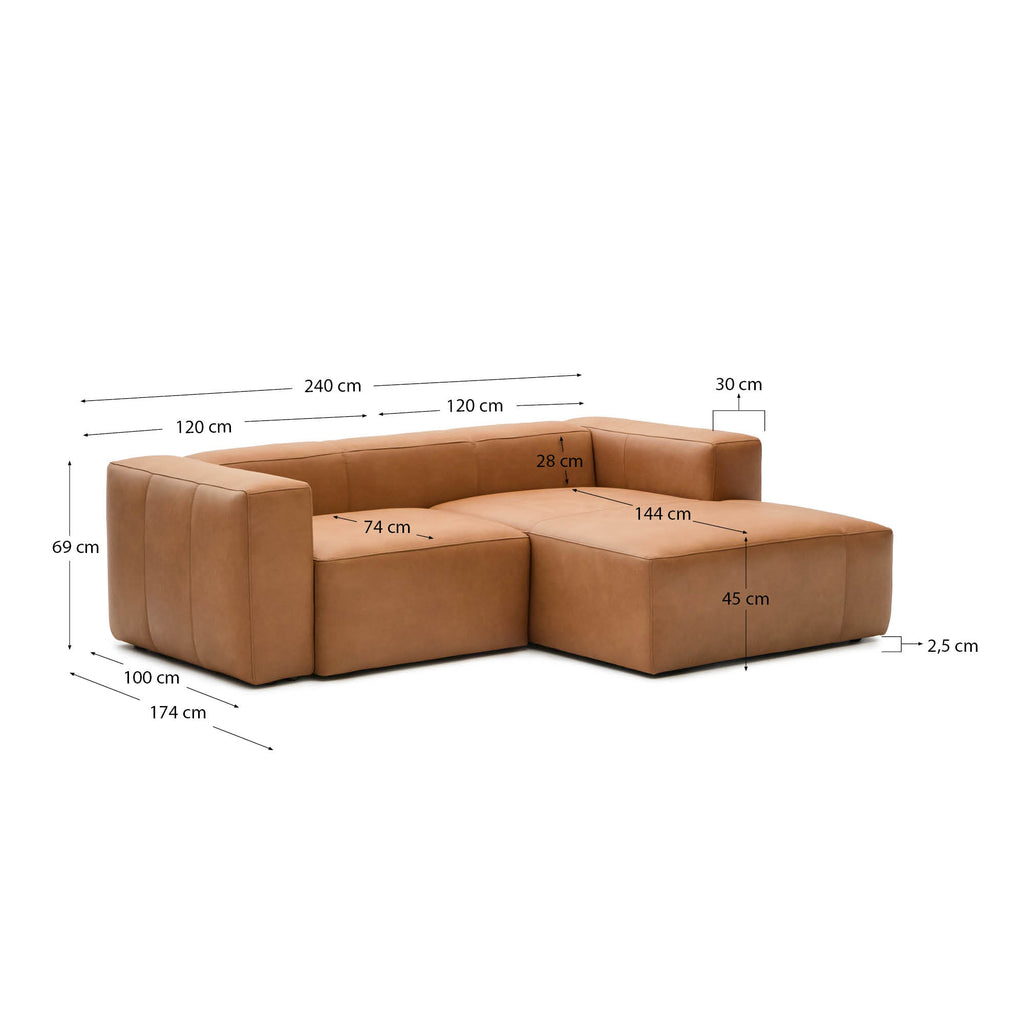 Blok braon kožna sofa za 2 sedišta, desni ležaljka 240 cm