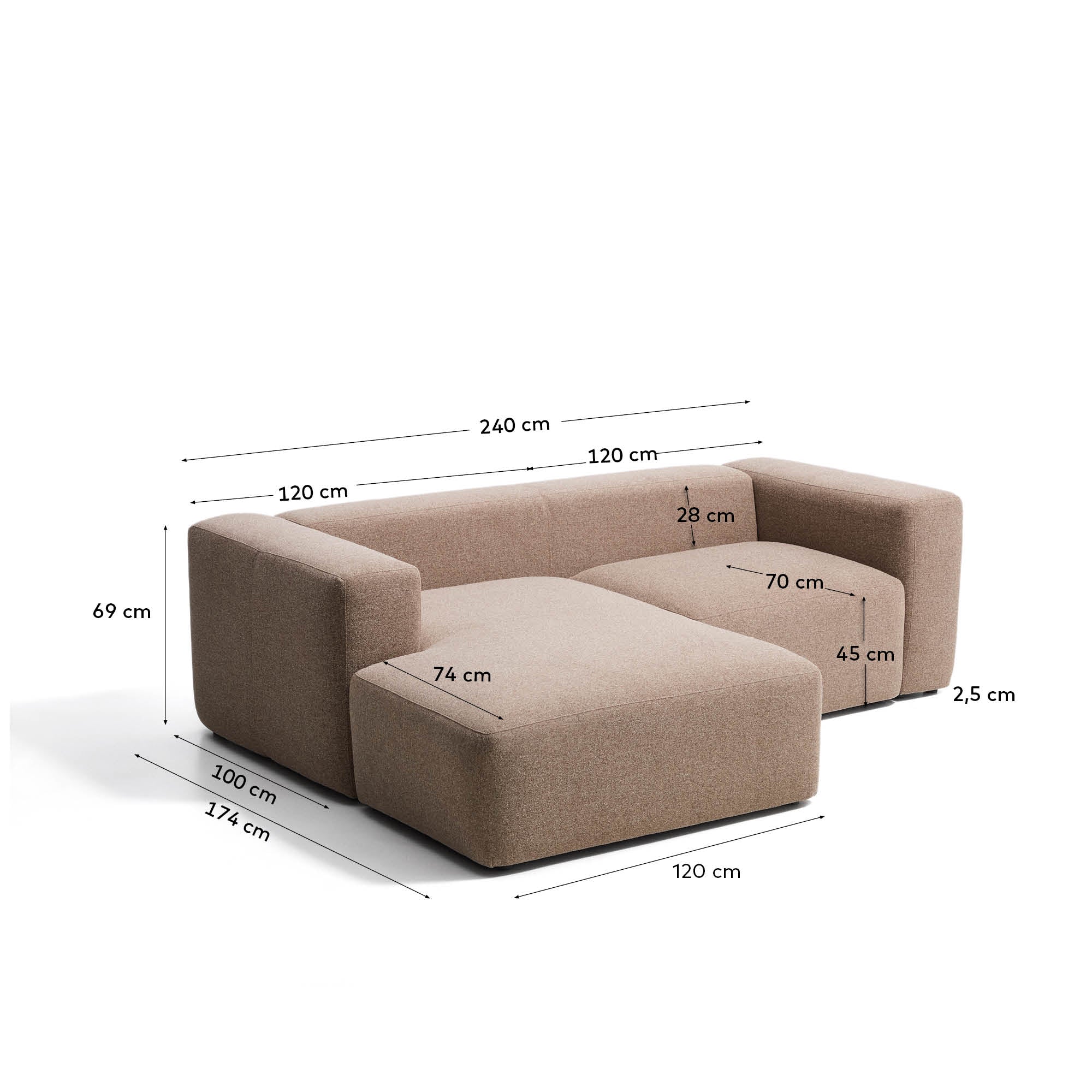 Sofa Blok 2 sedišta sa levim chaise longue od smeđeg šenila 240 cm FSC Mix Credit