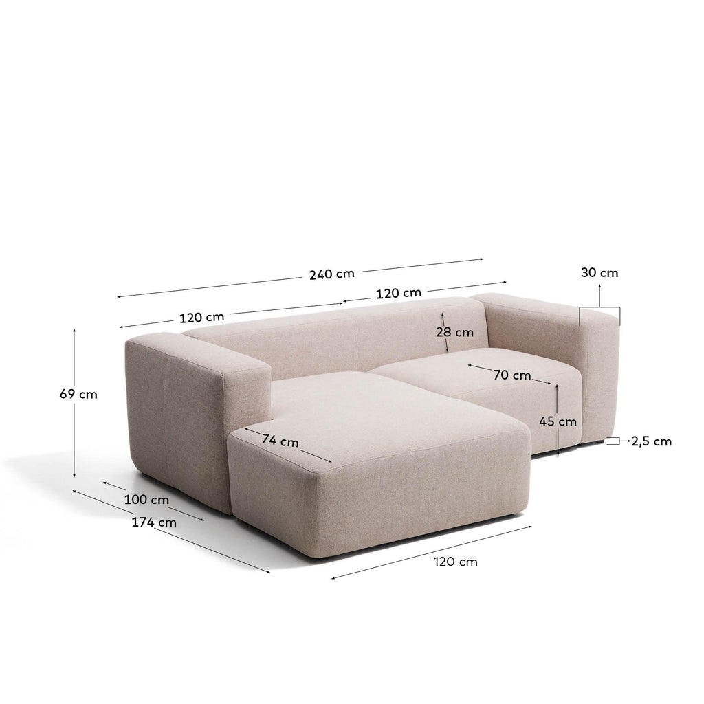 Blok 2-seater beige chenille left chaise longue sofa 240cm FSC Mix Credit