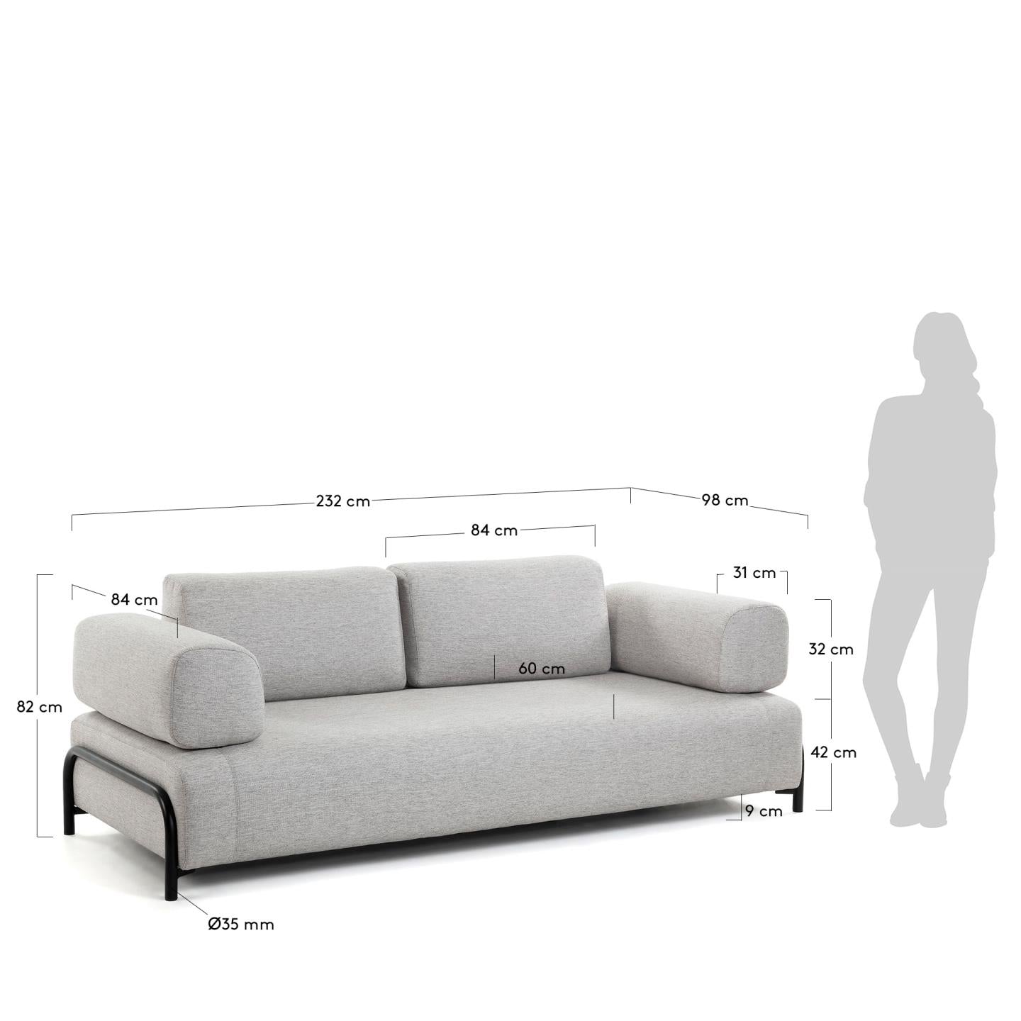 Compo 3 seater sofa in Beige-Grey, 232 cm