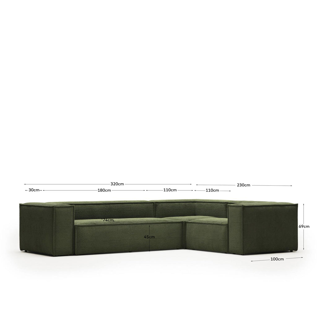 Blok 4 sedišta ugaona sofa od zelenog sumota, 320 x 230 cm / 230 x 320 cm