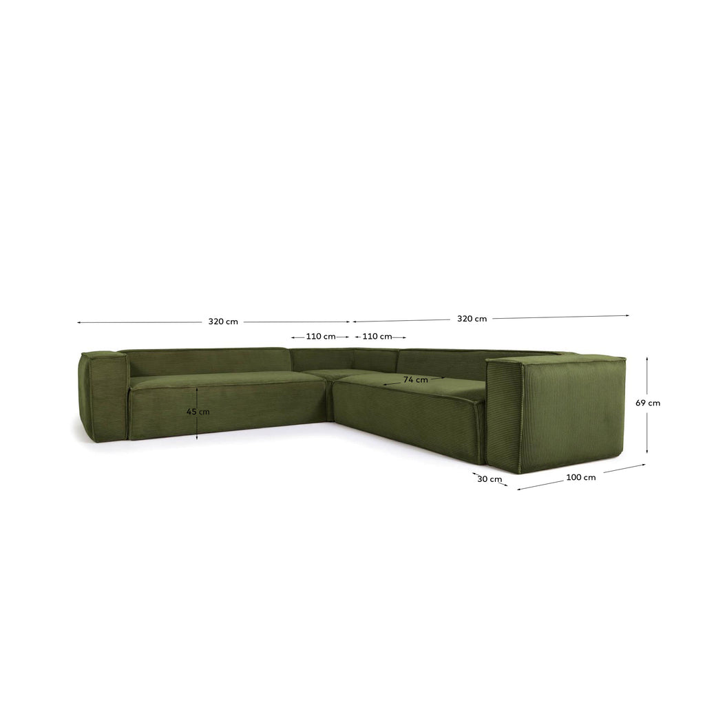 Blok 6 sedišta ugaona sofa od zelenog sumota sa širokim šavom, 320 x 320 cm FSC Mik Credit