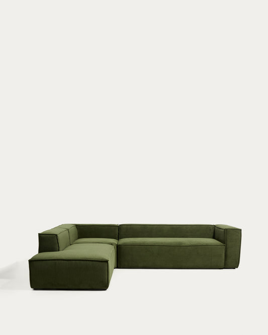 Ugaona sofa Blok 5 sedišta sa levim terminalom od zelenog debelog rebrastog somota 255 x 320 cm FSC Mix Credit