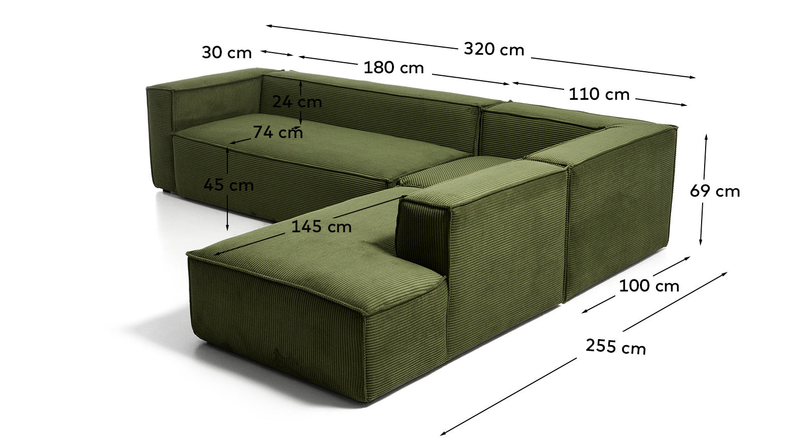 Ugaona sofa Blok 5 sedišta sa desnim terminalom od zelenog debelog rebrastog somota 320 x 255 cm FSC Mix Credit