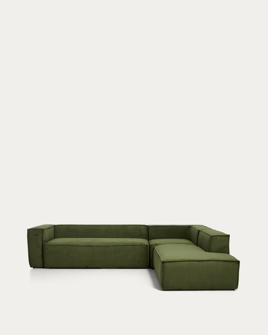 Ugaona sofa Blok 5 sedišta sa desnim terminalom od zelenog debelog rebrastog somota 320 x 255 cm FSC Mix Credit
