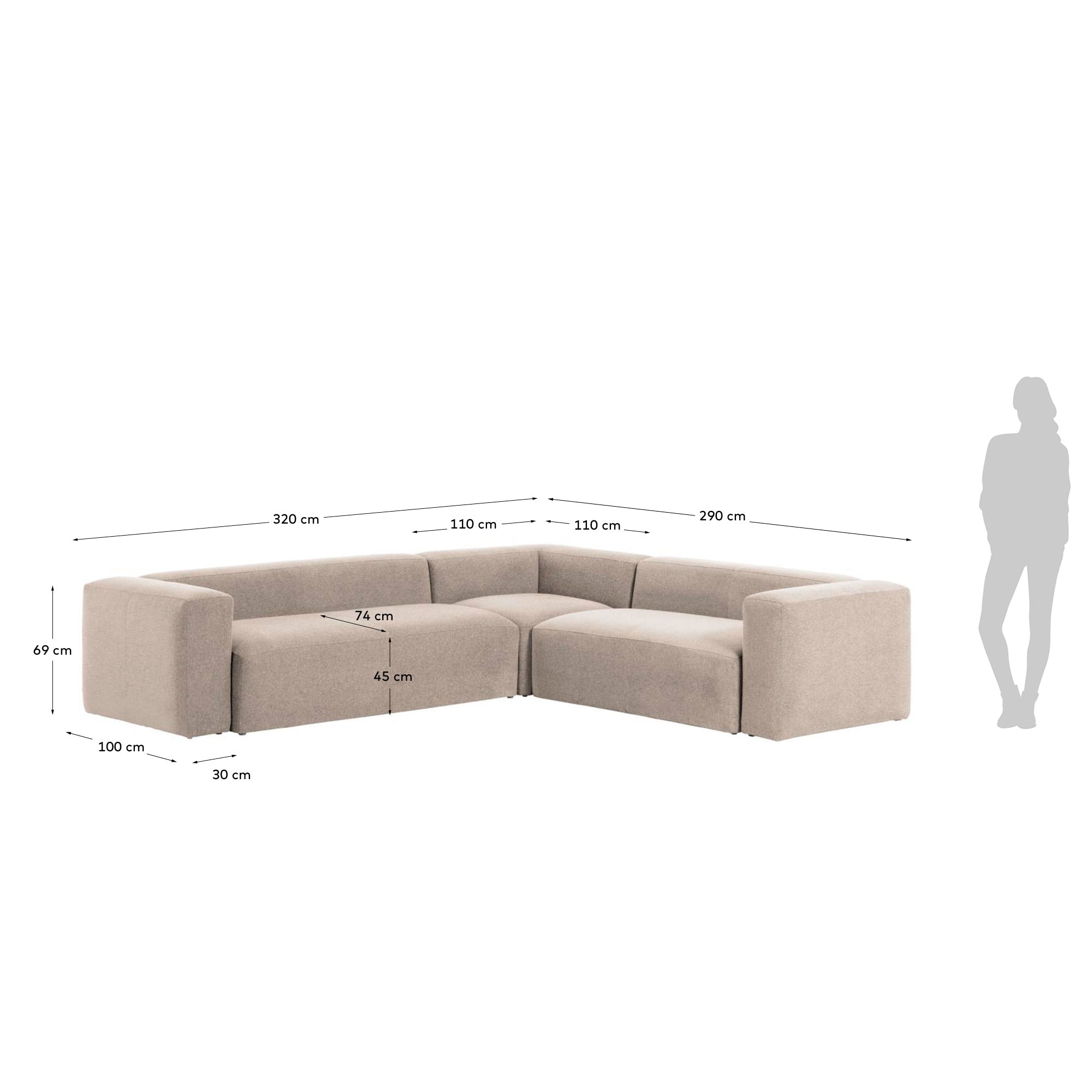 Blok 5 sedišta ugaona sofa u bež, 320 x 290 cm / 290 x 320 cm