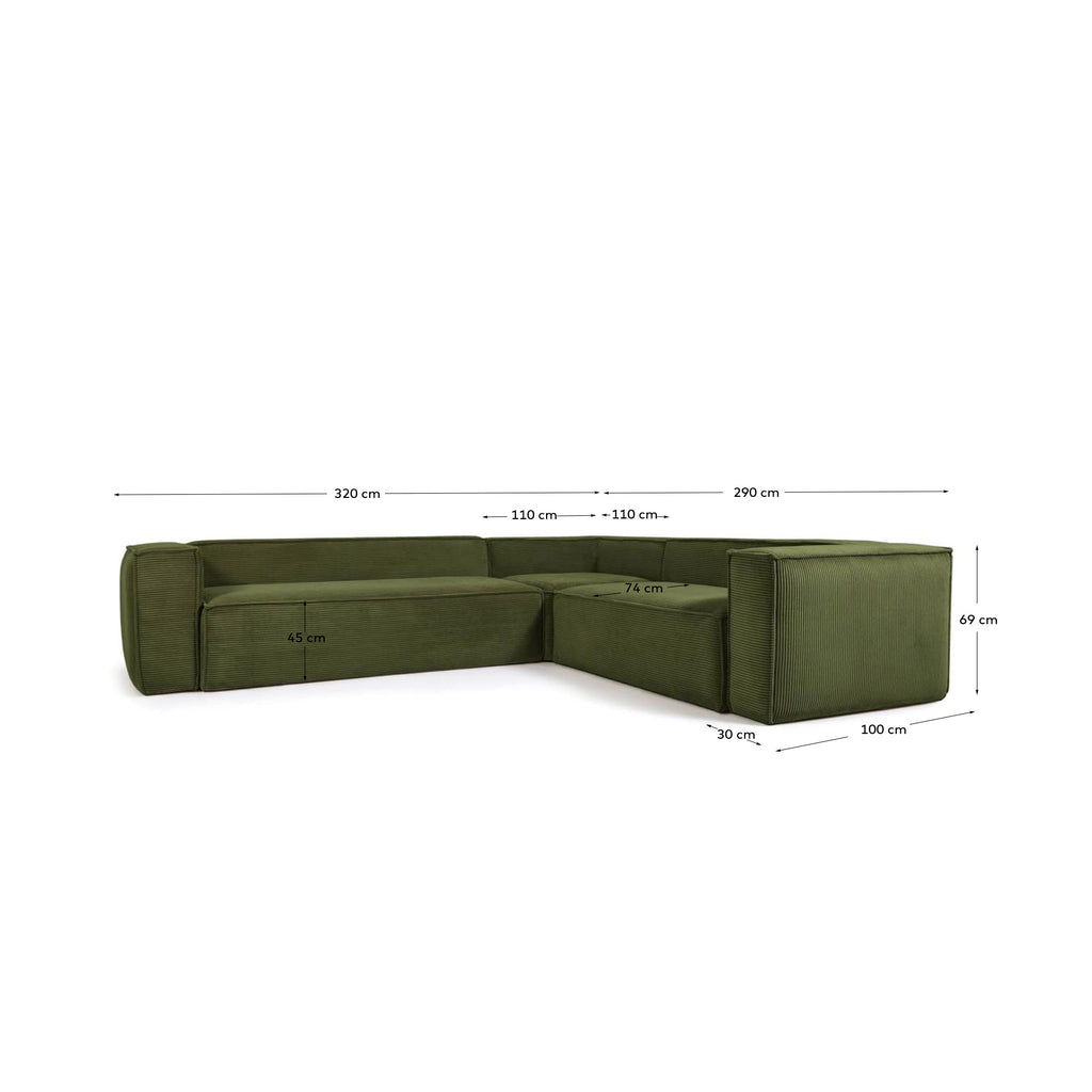 Blok ugaona sofa sa 5 sedišta od zelene široke sumote, 320 x 290 / 290 x 320 cm FSC Mik Credit
