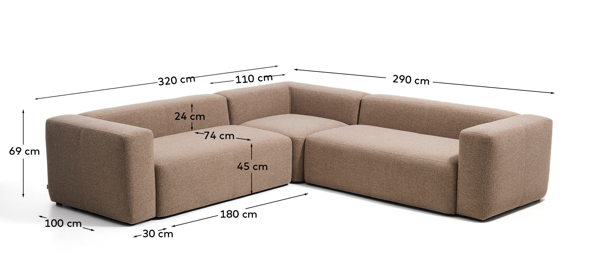 Ugaona sofa Blok 5 sedišta od smeđeg šenila 320 x 290 cm / 290 x 320 cm FSC Mix Credit