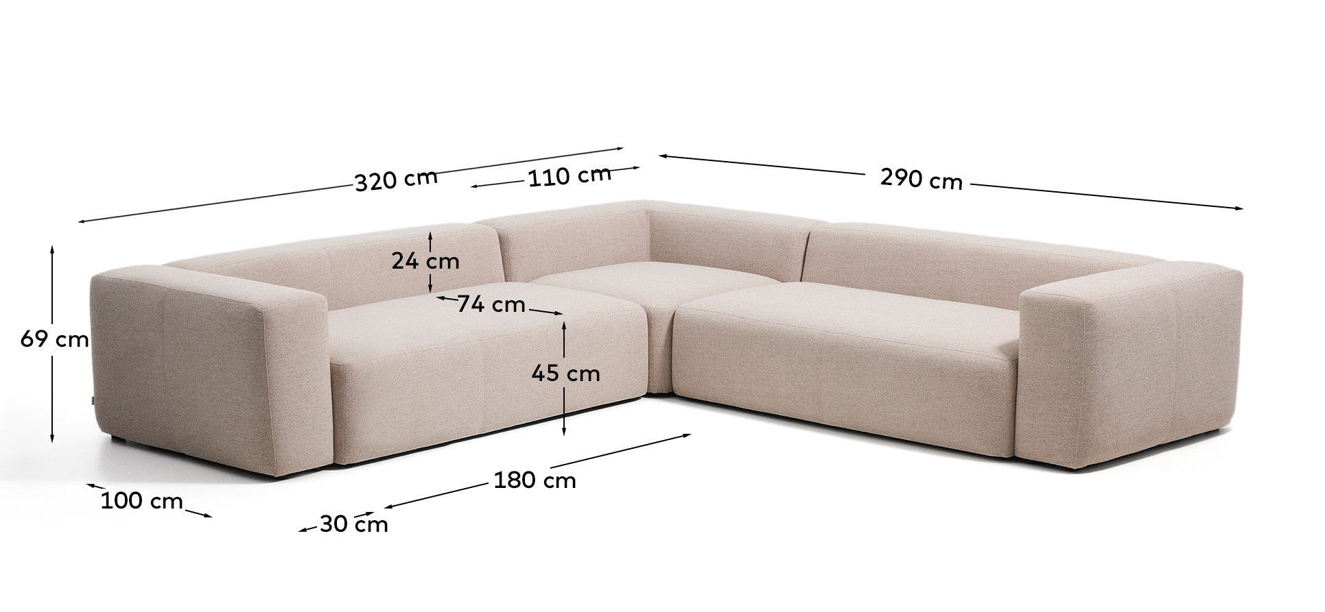 Ugaona sofa Blok 5 sedišta od bež šenila 320 x 290 cm / 290 x 320 cm FSC Mix Credit