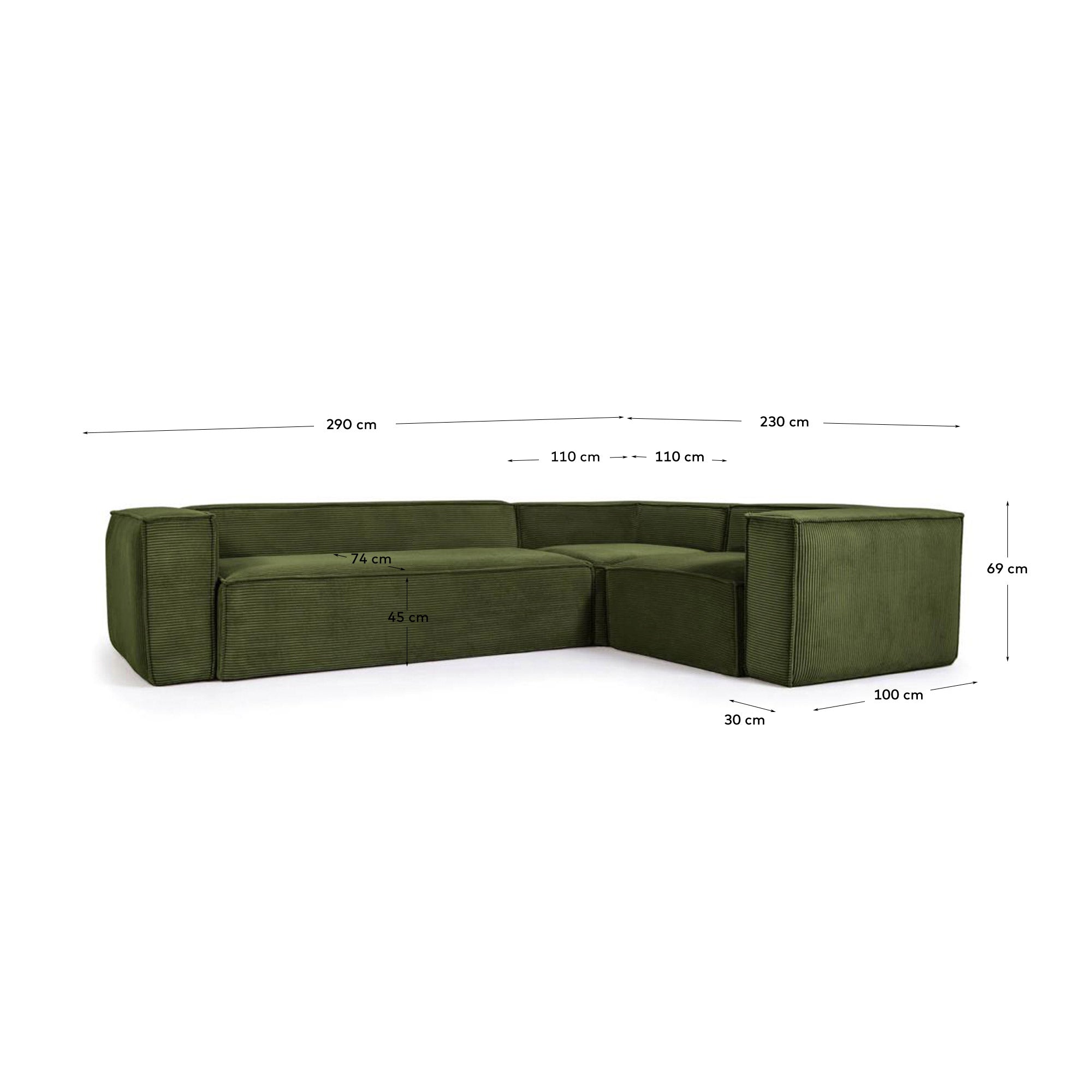 Blok trosed ugaona sofa od zelenog širokog sumota, 290 x 230 cm / 230 cm 290 cm FSC Mik Credit
