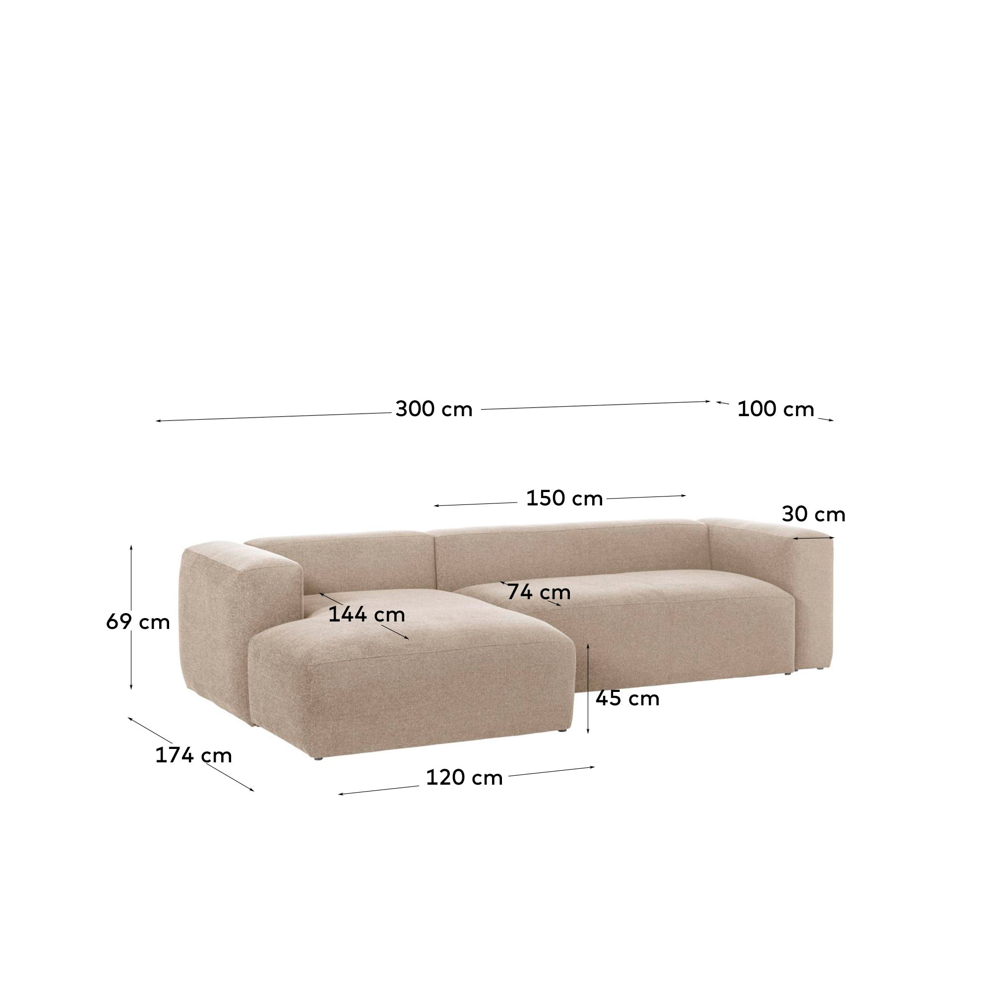 Blok 3-seater beige chenille left chaise longue sofa 300cm FSC Mix Credit