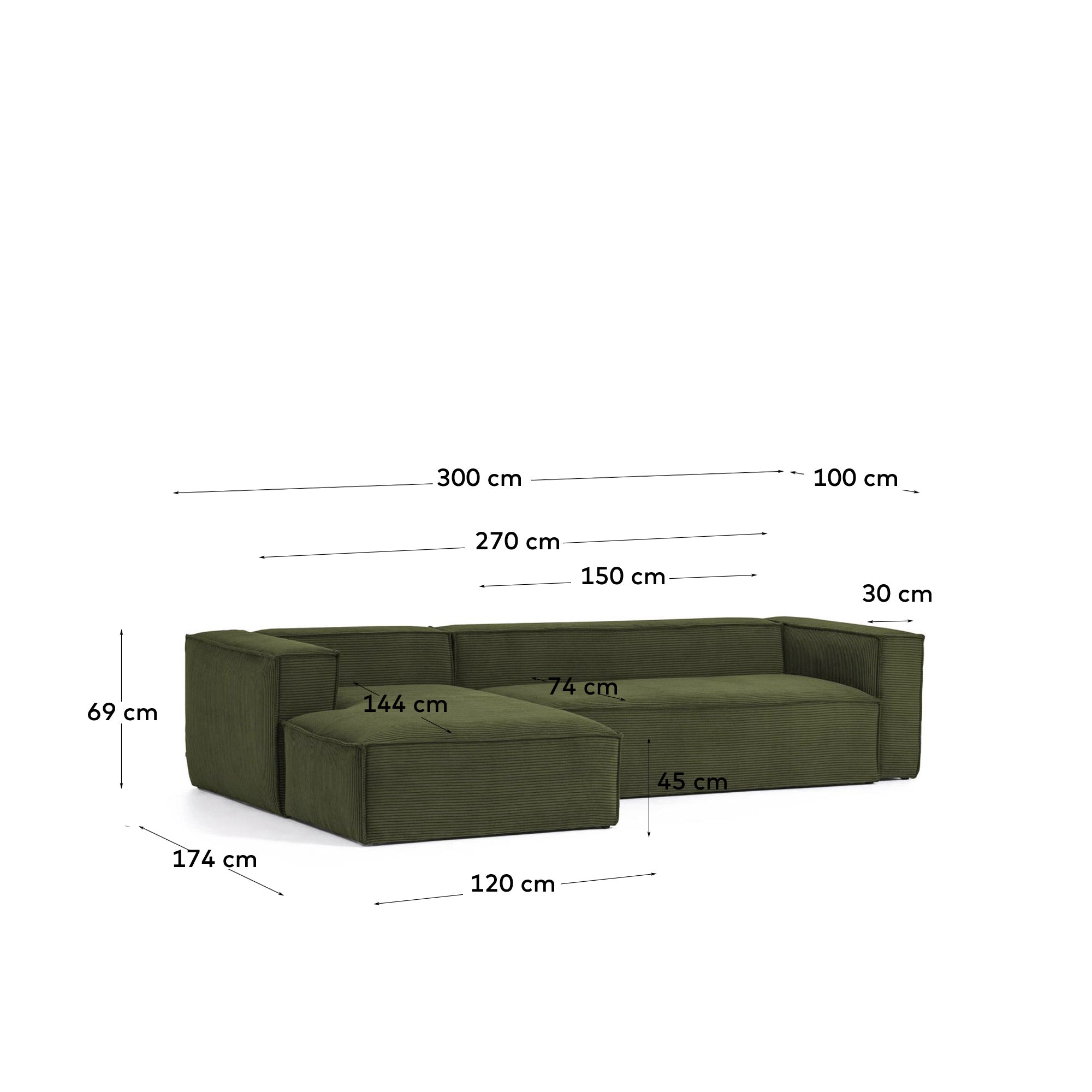Blok trosed sa ležaljkom levo od gustog rebrastog somota u zelenoj boji, 300 cm, FSC Mix Credit