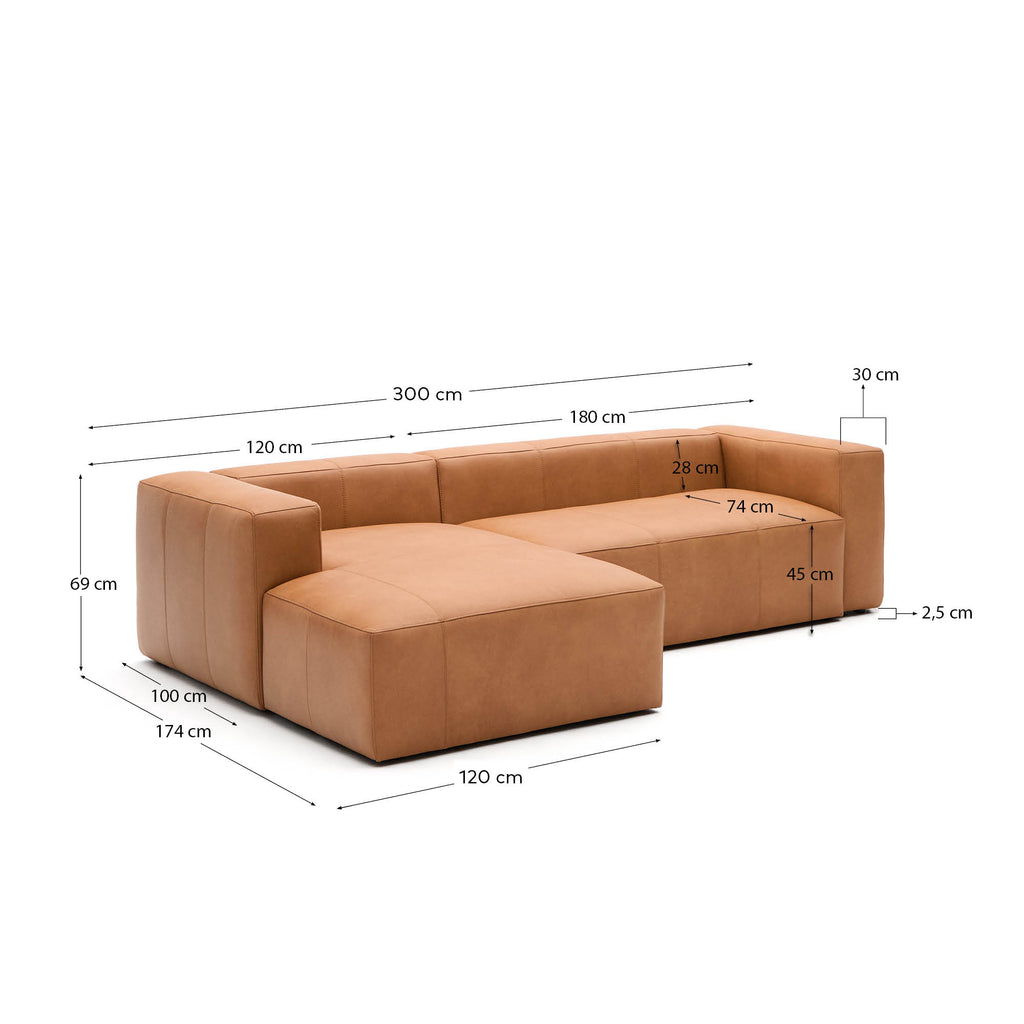 Blok braon kožna troseda, leva ležaljka 300 cm