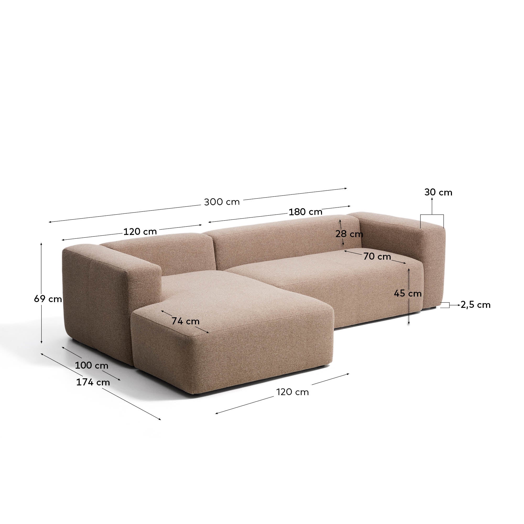 Blok 3-seater sofa with left chaise longue in brown chenille 300cm FSC Mix Credit