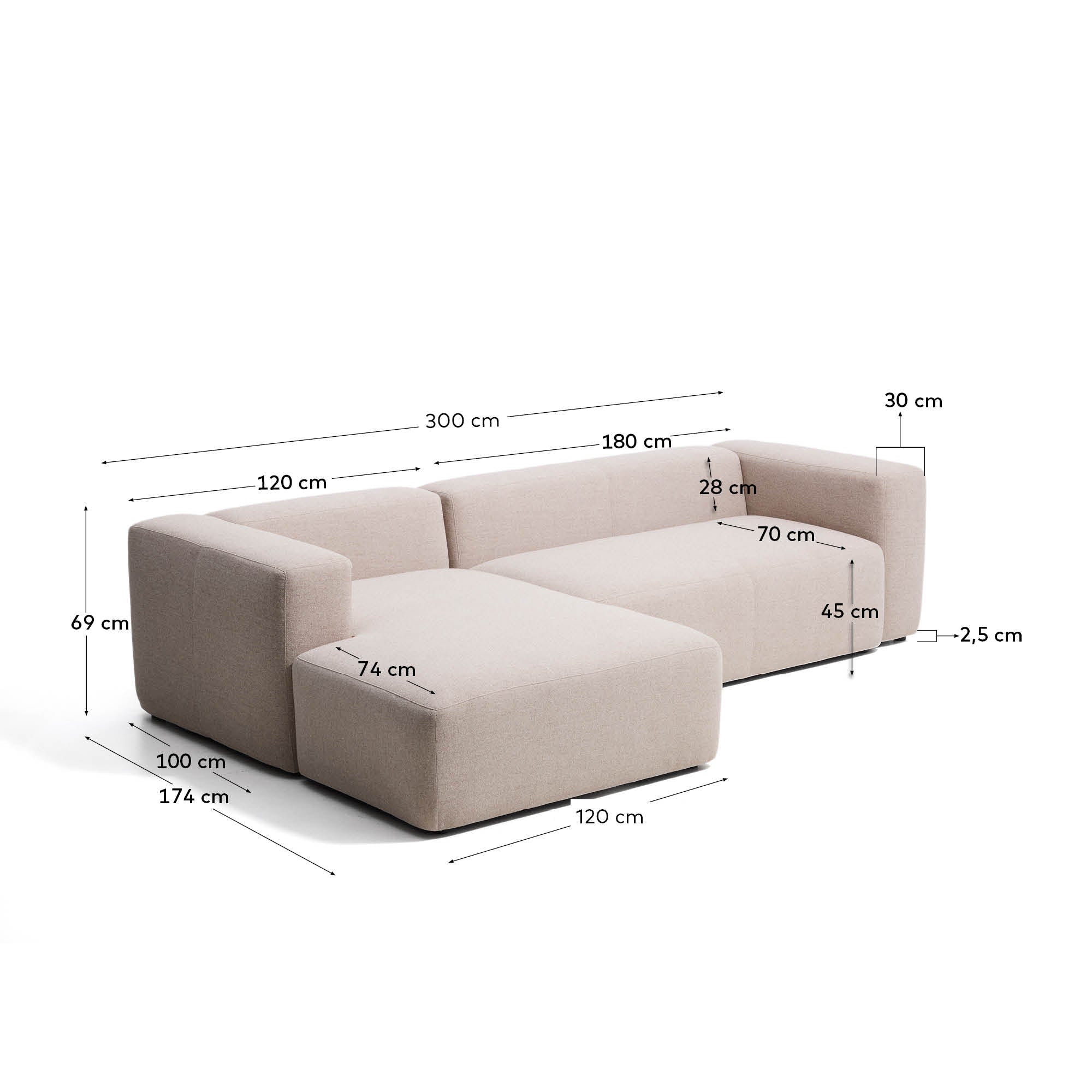 Sofa Blok 3 sedišta sa levim chaise longue od bež šenila 300 cm FSC Mix Credit