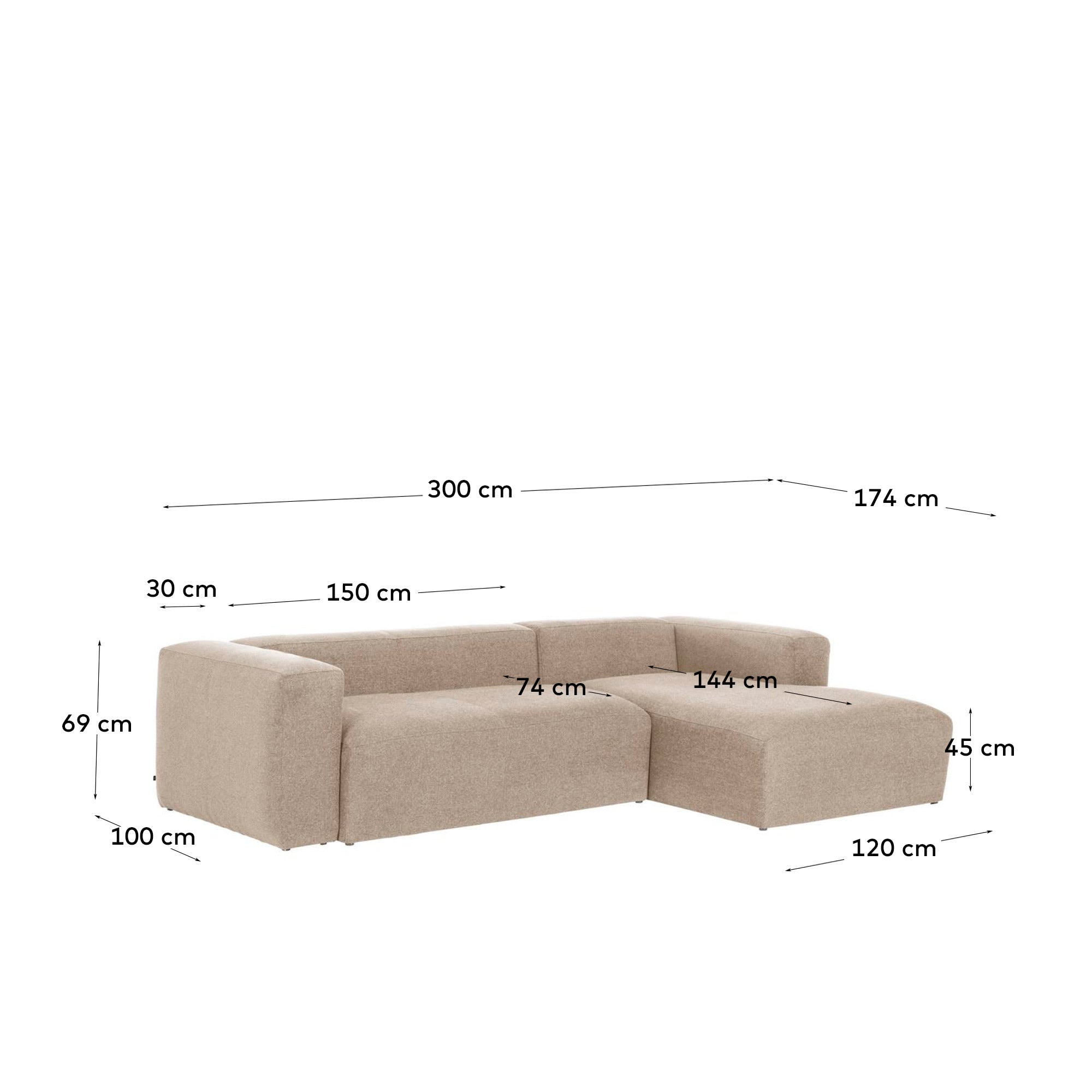 Blok bež trosed od šenila sa ležaljkom desno, 300 cm, FSC Mix Credit
