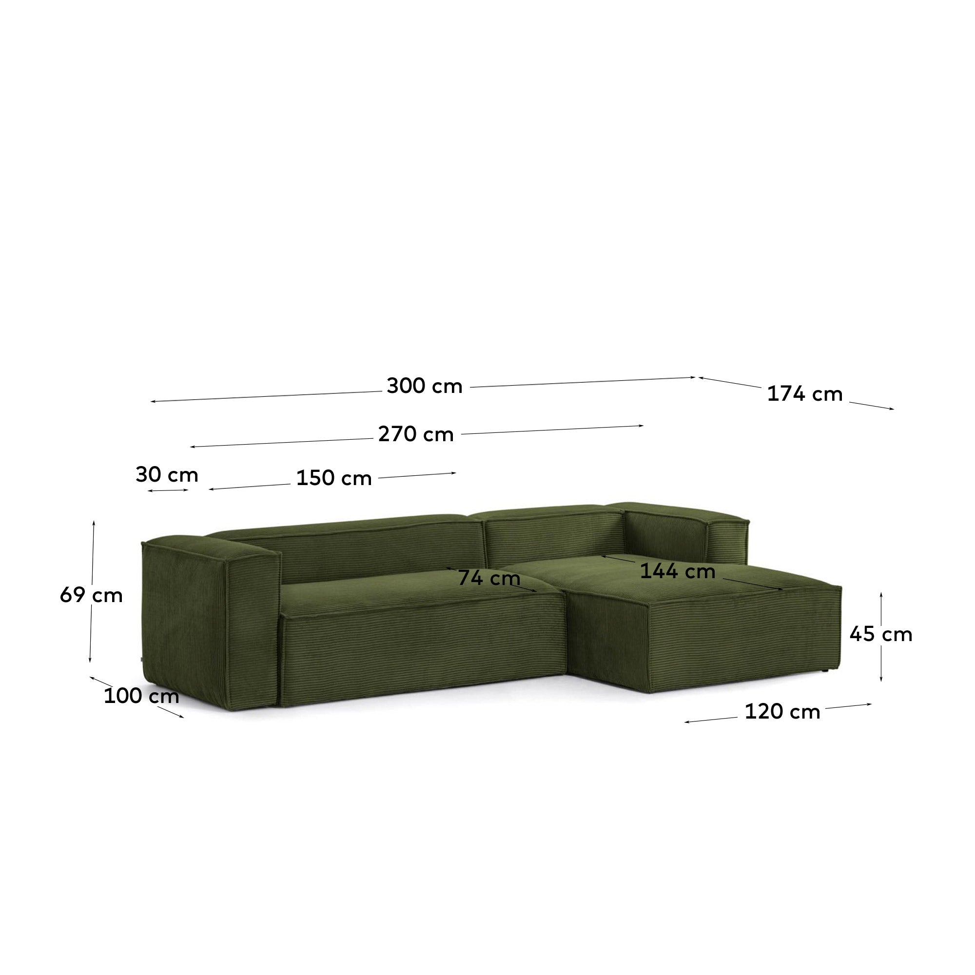 Blok trosed sa ležaljkom desno od gustog rebrastog somota u zelenoj boji, 300 cm, FSC Mix Credit