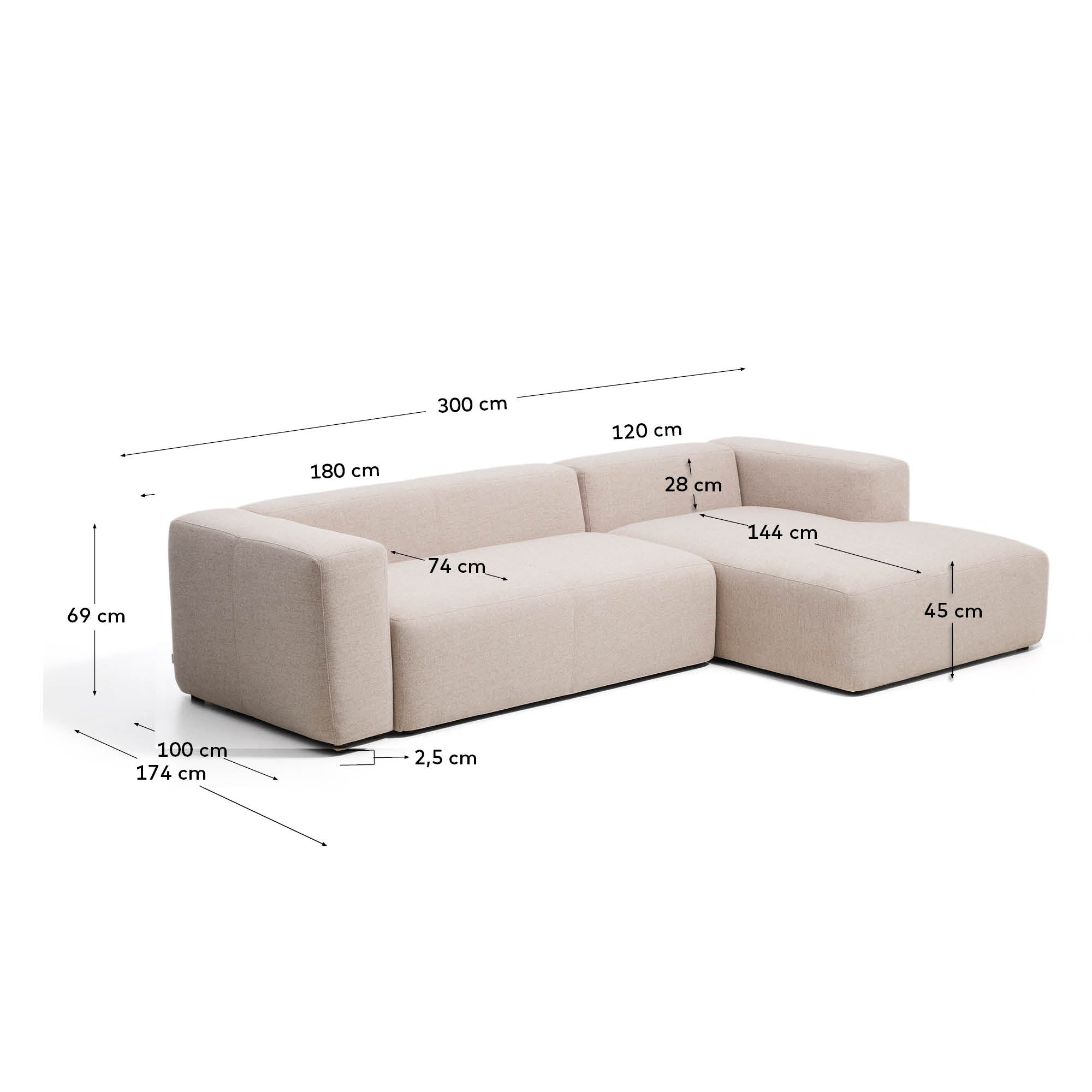 Sofa Blok 3 sedišta sa desnim chaise longue od bež šenila 300 cm FSC Mix Credit