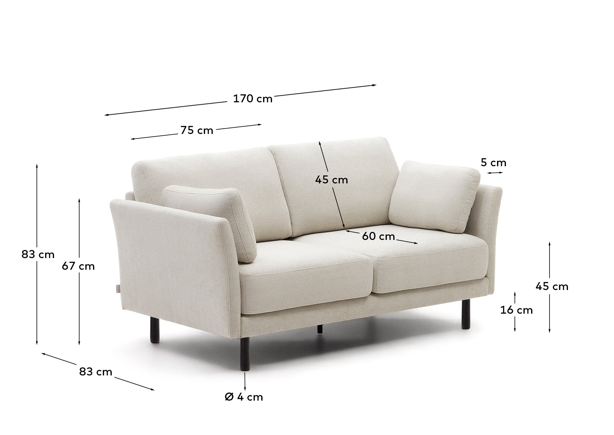 Gilma 2 seater sofa in chenille pearl with painted black finish legs, 170 cm