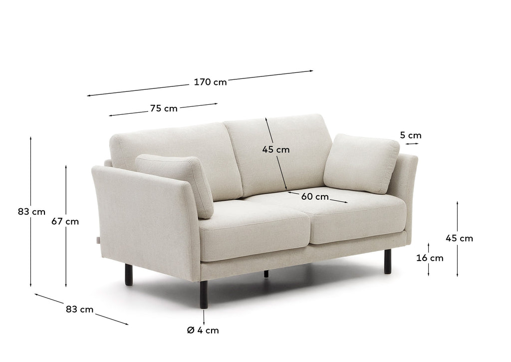 Sofa Gilma sa 2 sedišta u ženil biseru sa lakiranim crnim završnim nogama, 170 cm