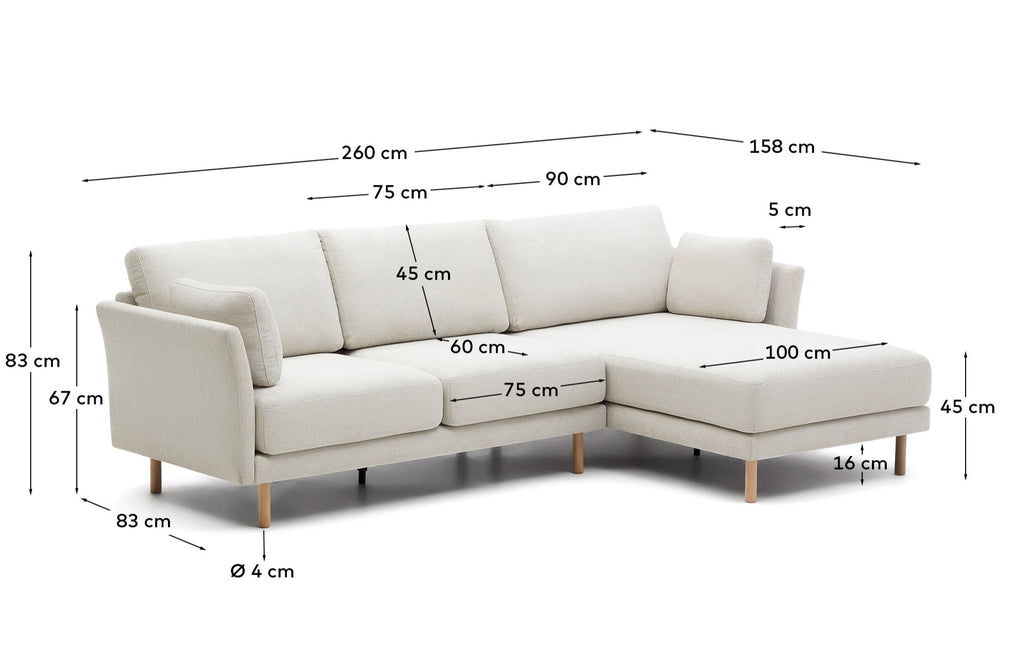 Gilma trosed sa ležaljkom za desnu/levu ruku od ženil bisera, prirodne noge, 260 cm