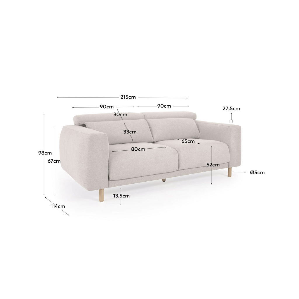 Singa three-seat sofa with chaise longue, adjustable headrest and extended seat, white, 215 cm