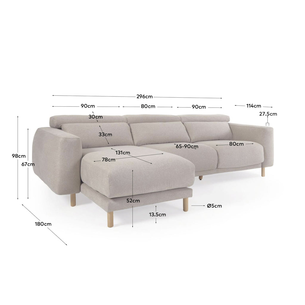 Sofa Singa sa 3 sedišta sa ležaljkom za levu ruku, naslonom za glavu i sedištem na izvlačenje u bež 296 cm FSC Mik Credit