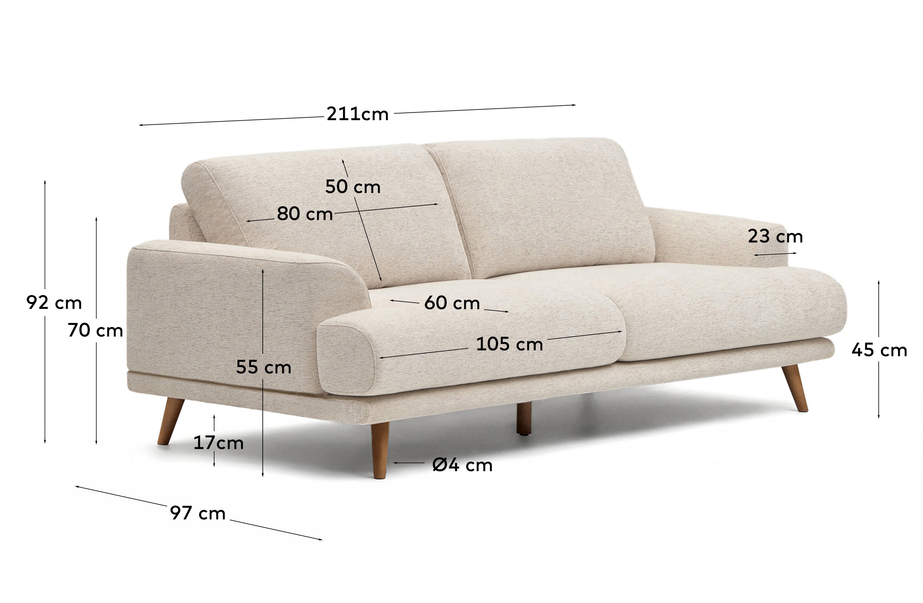 Karin 2-seater sofa in beige chenille with solid beech wood legs in walnut-tone finish 210 cm
