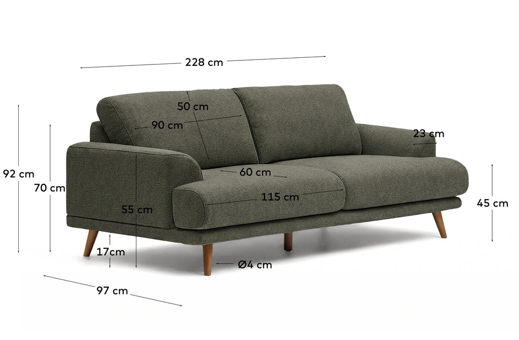 Trosed Karin u tamnozelenoj boji, sa nogarima od masivnog bukovog drveta i završnom obradom oraha, širine 228 cm.