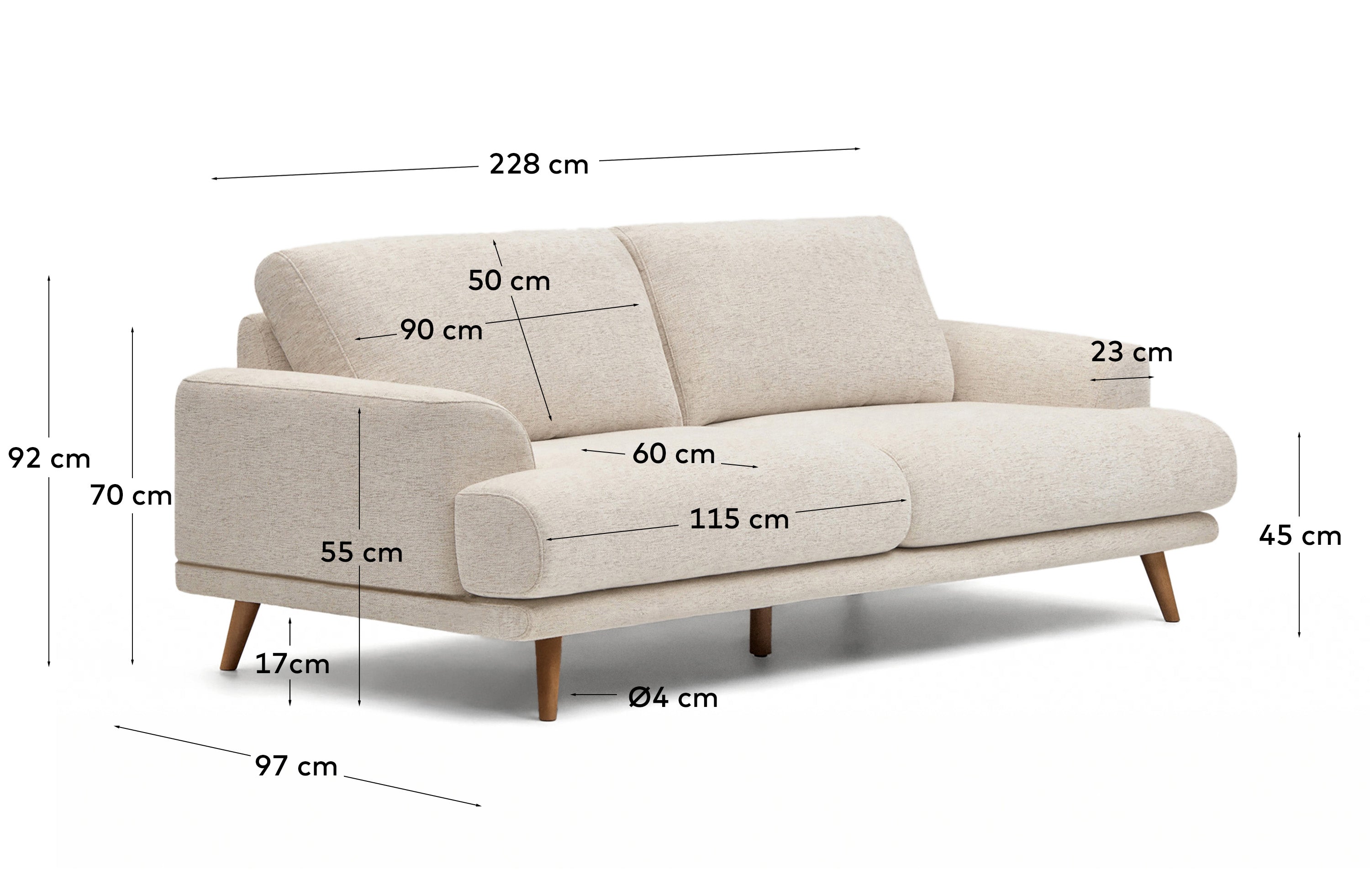 Karin beige 3-seater sofa with solid beech wood legs in walnut-tone finish 231 cm