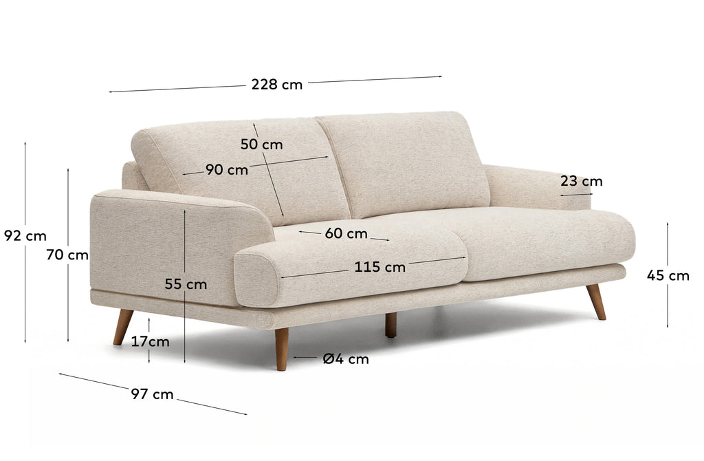 Trosed Karin, tapaciran bež ženilom, sa nogarima od punog bukovog drveta u orah završnoj obradi, 228 cm