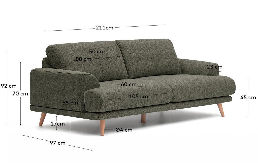 Dvosed Karin u tamnozelenom ženilu sa nogama od masivnog bukovog drveta s prirodnom završnom obradom 210 cm