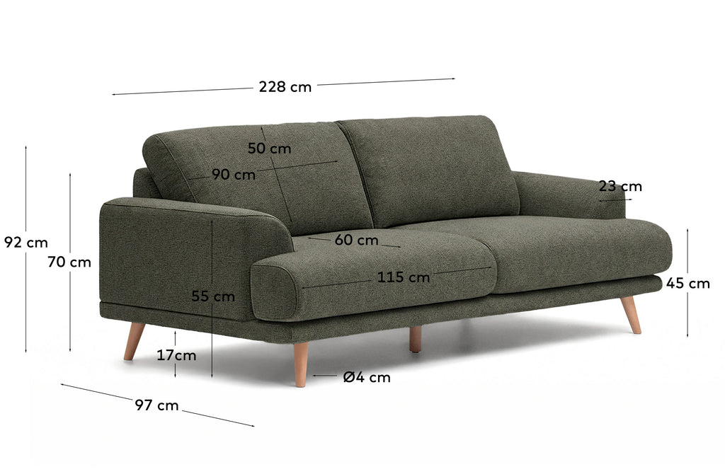 Trosed Karin u tamnozelenom ženilu sa nogama od masivnog bukovog drveta s prirodnom završnom obradom 231 cm
