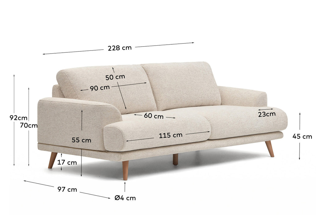 Karin trosed u bež ženilu sa nogama od punog bukovog drveta s prirodnom završnom obradom 228 cm