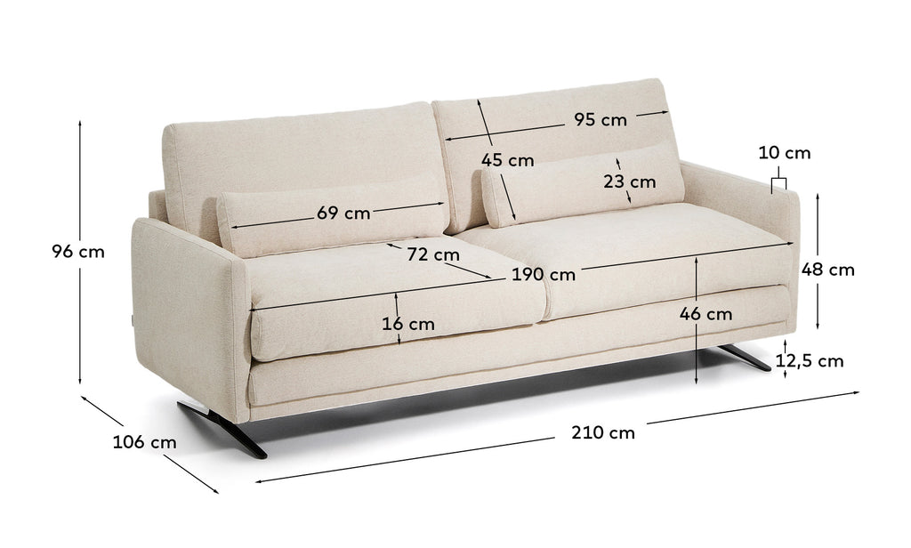 Veliro beige chenille 2-seater sofa with black steel legs 210cm FSC Mix Credit