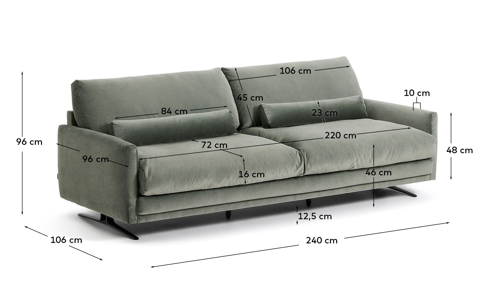 Veliro zeleni četvorosed od somota sa crnim čeličnim nogama, 240 cm, FSC Mix Credit