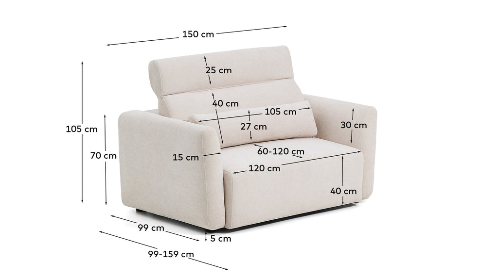 Dvosed Lares sa podesivim sedištima i naslonima za glavu u bež šenil tkanini, 150 cm