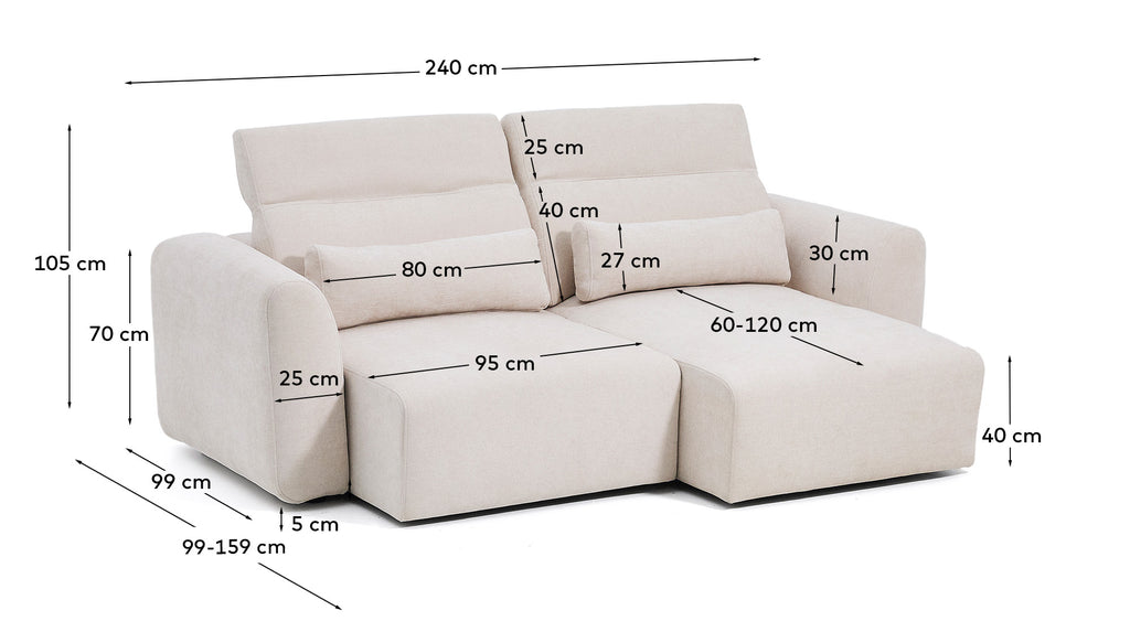 Trosed Lares sa podesivim sedištima i naslonima za glavu u bež šenil tkanini, 240 cm