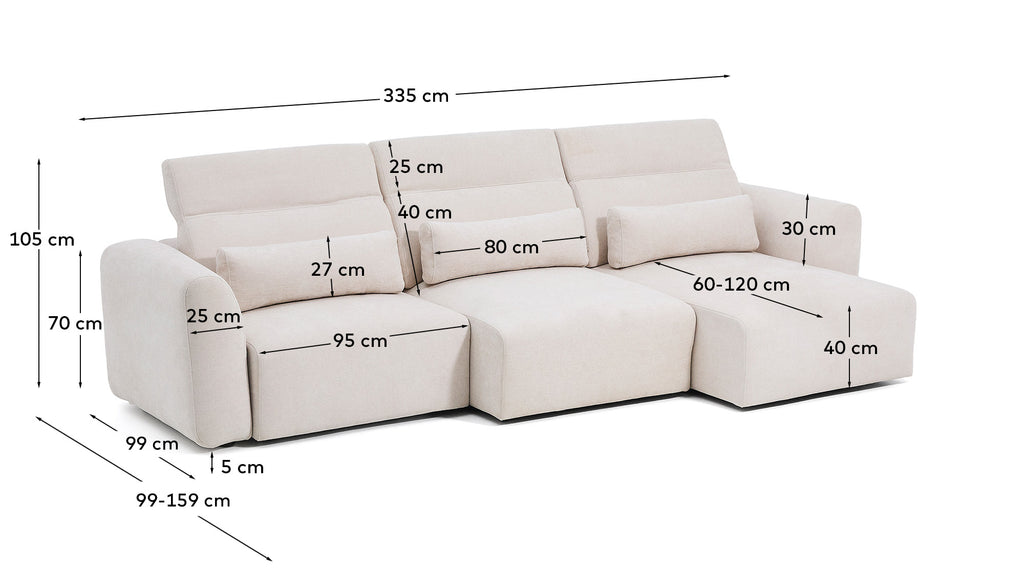 Lares 5-seater sofa with motorised sliding seats and reclining headrest in beige chenille 335cm
