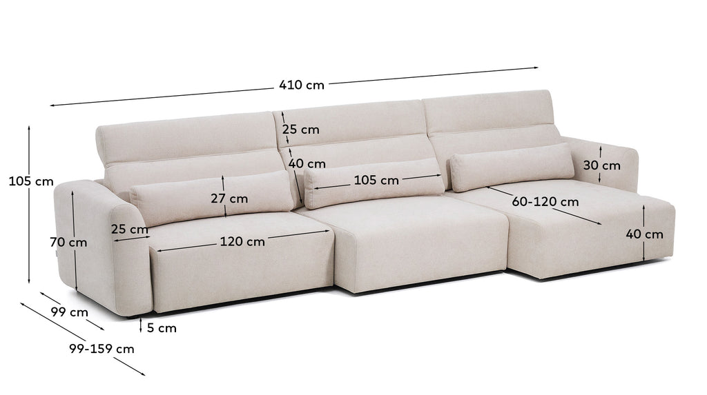 Lares 6-seater sofa with motorised sliding seats and reclining headrest in beige chenille 410cm