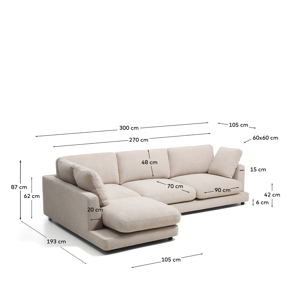 Sofa Gala 4 sedalna dela od mikro bukle sa levim šezlongom bež FSC Mix Credit 300 cm